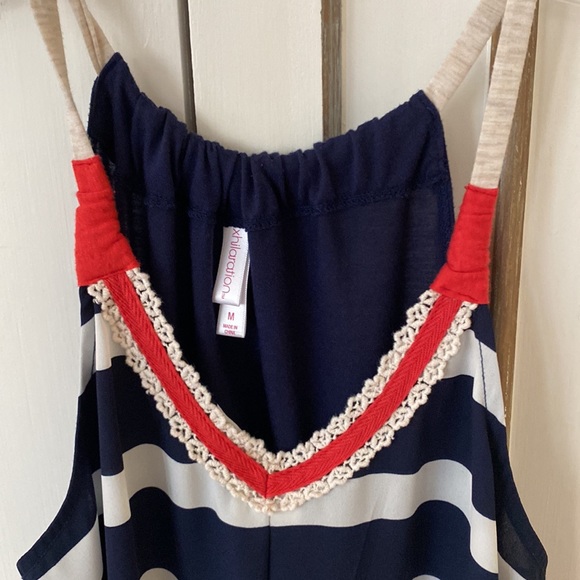 Sleeveless Tunic striped top. Navy blue, cream and Coral. Embroidered bottom - Picture 2 of 11